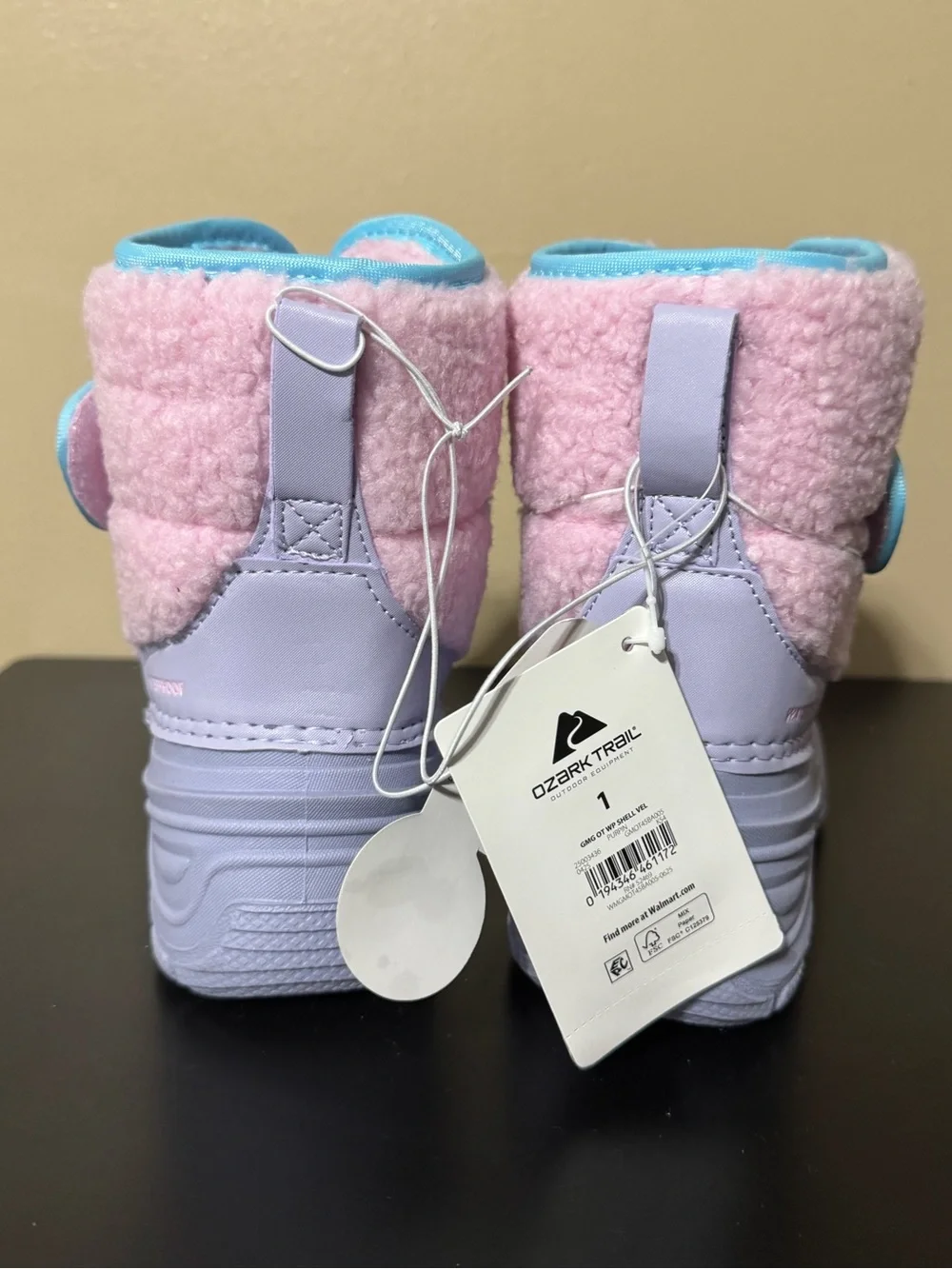 Ozark Trail Girls 1 Waterproof Pink and Light Blue Fleece Winter Snow Boots